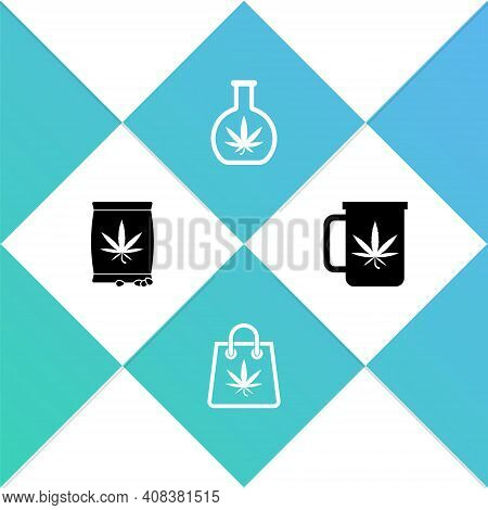 Set Marijuana Or Cannabis Seeds, Shopping Bag Of Marijuana, Test Tube With And Cup Tea Icon. Vector