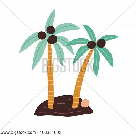 Island With Two Coconut Palm Trees With Growing Fruits And Fallen Coco Nut. Hand-drawn Tropical Coco