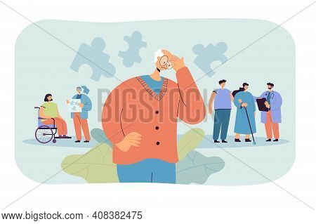 Patients With Alzheimers Disease. Confused Old Man Lost In Thoughts, Connecting Puzzles In His Mind.