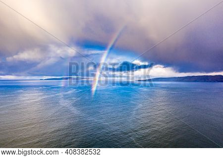 Aerial View Of An Rainbow Above The Atlantic Ocean In Donegal - Ireland
