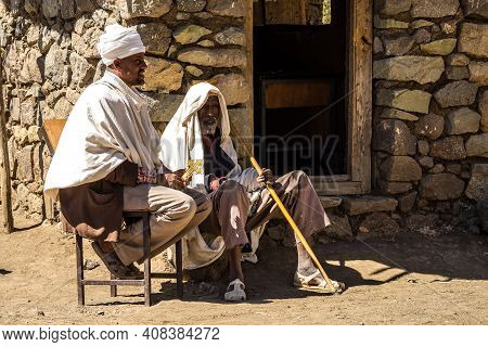 Lalibela, Ethiopia - Feb 14, 2020: Ethiopian People At The Famous Monastery Neakuto Leab Near Lalibe