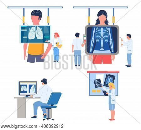 Fluorography Lungs Checkup Procedure Set, Flat Vector Illustration. Doctor Radiologist Doing Chest X