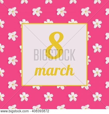 A Pattern Of White Flowers Of An Apple Tree On A Bright Pink And Light Background. Copspace. View Fr