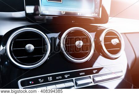 Ac Ventilation Deck In Luxury Modern Car Interior. Modern Car Black Leather Interior. Natural Wood P