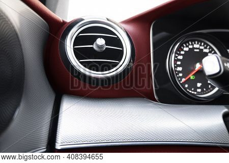 Ac Ventilation Deck In Luxury Modern Car Interior. Modern Car Red Leather Interior. Natural Carbon P