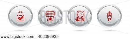 Set Line Lock And Check Mark, Cooler Bag, Hard Disk Drive Lock And Retro Wall Watch. Silver Circle B