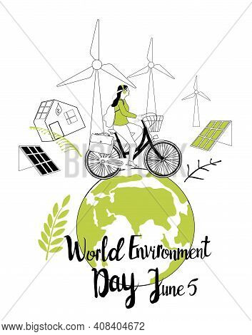 World Environment Day 5 June Vector Illustration.girl Travell On A Bicycle Around Green Earth.safe O