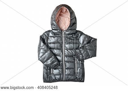 Childrens Winter Jacket. Stylish Silver Gray Warm Winter Jacket For Kids Isolated On A White Backgro