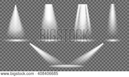 Light From Spotlight On Stage. Bright Beam With Shine For Spot Glow. Lamp With Light On Transparent 