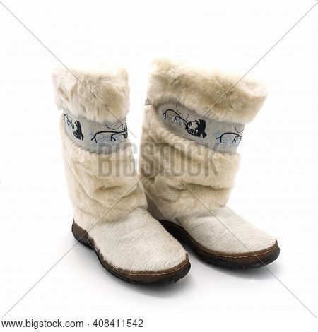 Women's White High Fur Boots Made Of Muton  And Genuine Leather. Decorated With A Suede Ribbon With 