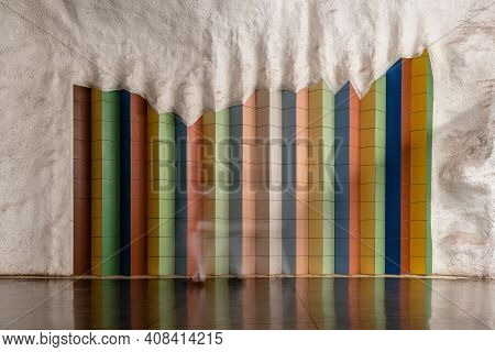 Stockholm, Sweden - August 9, 2019: Tile Colorful Pattern In T-centralen Stockholm Underground Metro