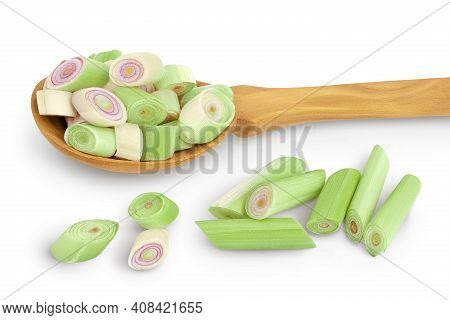 Fresh Lemongrass Slices In Wooden Spoon Isolated On White Background With Clipping Path And Full Dep