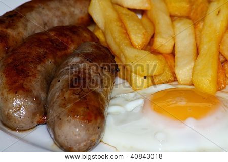 Close Up Of Sausage, Egg And Chips.