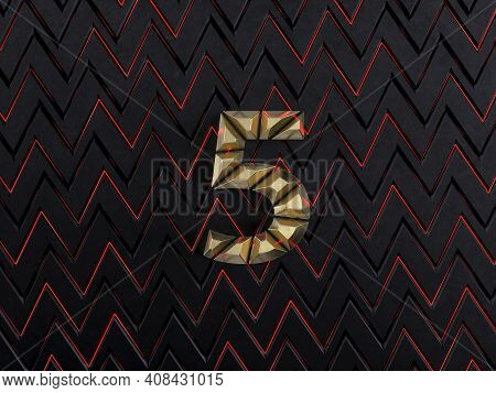 Number Five (number 5) Made From Gold Bars On Dark Background With Cuts And Glow Of Red Neon Lines. 