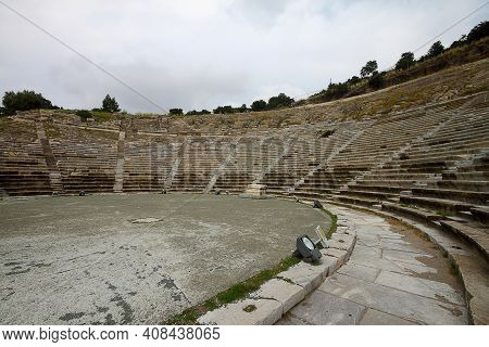 Bodrum, Turkey. 02 March 2016: Ruins Of Bodrum Antique Theatre Halikarnassos Ancient City In Turkey.