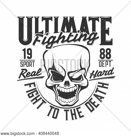 Fight Club Skull T Shirt Print, Boxing Or Mma Wrestling Vector Icon. Street Fighting Or Boxer Club E