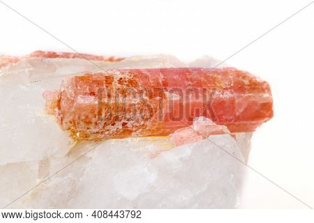 Macro Mineral Stone Tourmaline In The Breed A White Background
