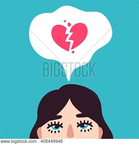 Female Face Portrait, Broken Heart Feeling And Depression, Breakup Concept. Vector Illustration Of W
