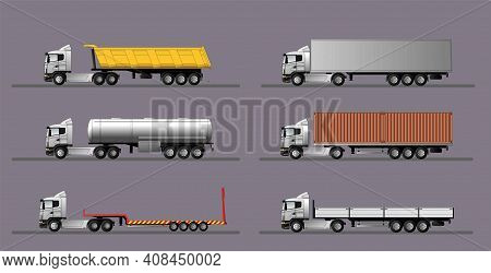 A Set Of Images Of A Modern European Truck With Different Variants Of Semi-trailers. Flat Style Line