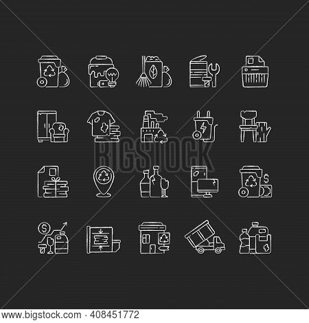 Waste Management Chalk White Icons Set On Black Background. Residential Waste Collection. Paper Shre