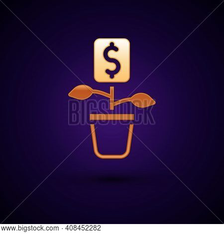Gold Dollar Plant Icon Isolated On Black Background. Business Investment Growth Concept. Money Savin