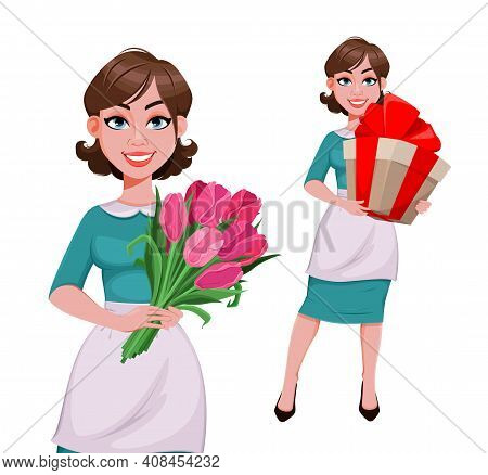 Young Cheerful Housekeeper, Mother, Beautiful Successful Woman With A Bouquet Of Flowers And With Gi