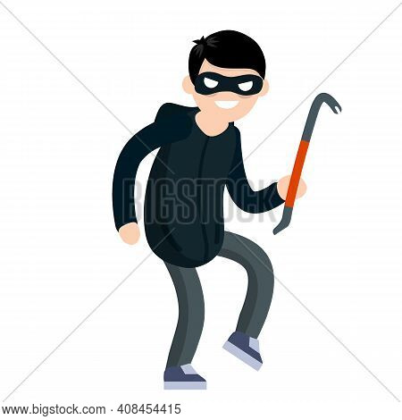 Thief With Crowbar. Criminal Problem. Man Robber In Black With Mask. Male Offender Sneaks. Cartoon F