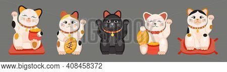 Maneki Neko Vector Set Isolated On Brown Background. Lucky Cat In Japanese Traditional Culture. Tali
