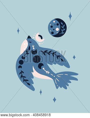 Celestial Nursery Poster With Cute Bird And Blue Moon, Boho Art For Kids Room, Pre-made Poster Templ