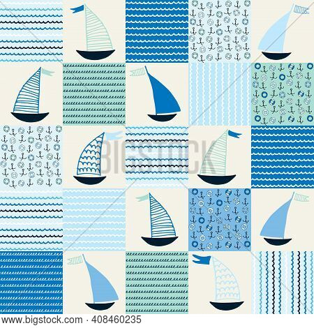 Seamless Pattern, Patchwork With Hand Drawn Sailing Boats, Anchors, Life Belts, Waves For Surface De