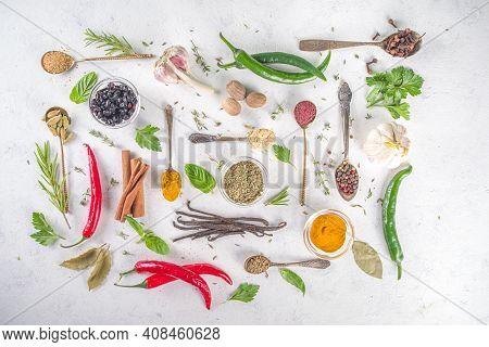 Fresh Herbs, Dried Colorful Spices. Cooking Background Flatlay With Variety Spices, Herbs Pepper, Va
