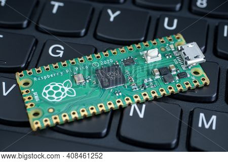 Galati, Romania - February 09, 2021: Close-up Of Raspberry Pi Pico, Raspberry Pi 4B And Raspberry Pi