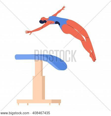 Woman Jumping Over Vaulting Table Or Horse Apparatus During Vault Gymnastics Performance. Sport Char