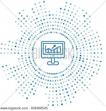 Blue Line Computer With Stocks Market Growth Graphs And Money Icon Isolated On White Background. Mon