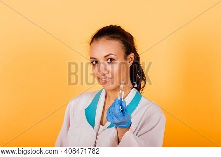 African-american Doctor Woman, Mask, Stethoskope, Robe Vaccine In Studio