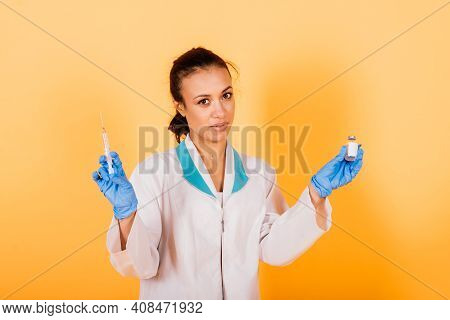 African-american Doctor Woman, Mask, Stethoskope, Robe Vaccine In Studio