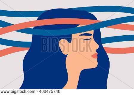 Sad Woman With Nervous Problems Feels Anxiety And Confused Thoughts. Mental Illness And Bipolar Diso