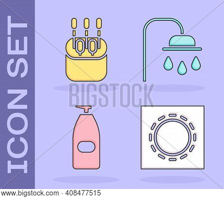 Set Condom In Package Safe Sex, Cotton Swab For Ears, Bottle Of Liquid Antibacterial Soap And Shower