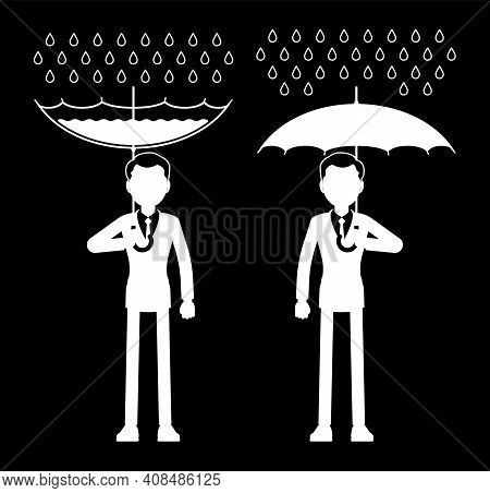 Rainwater Harvesting Man, Rwh Icon, Collection And Storage Of Rain. Drops Catchment Technology With 