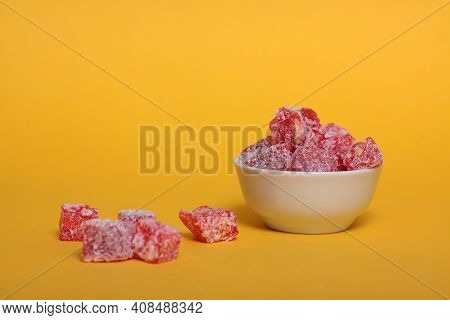A Bowl Of Rahat Lakoum Isolated On Yellow Background Horizontal Image. Turkish Sweet Concept. Image 