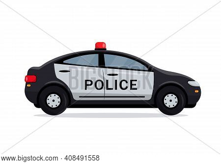 Black Police Car Side View. Cop, Police Officer Auto, Policeman Patrol Automobile. City Transport Ic
