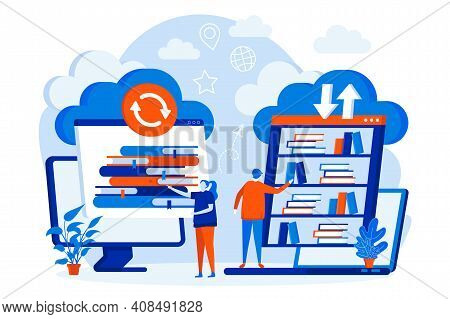 Cloud Library Web Design Concept With People Characters. People Choose Online Books Scene. E-library
