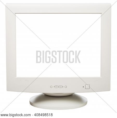 Obsolete CRT computer monitor with blank cun out screen isolated on white background