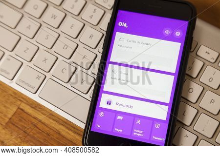 São Paulo Brazil. February 6, 2021: Screen Of The Brazilian Nubank Fintech Application, A Pioneer In