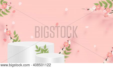 Abstract Minimal Scene With Geometric Forms. Cylinder Podium In Pink Background With Pink Sakura Flo