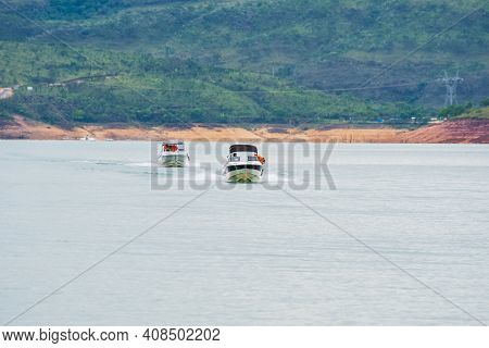 Capitólio - Mg, Brazil - December 09, 2020: Tourist Speed Boats Navigating At Furnas Lake.