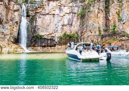 Capitólio - Mg, Brazil - December 09, 2020: Tourist Boats At The Waterfall Of The Canyons, Furnas La