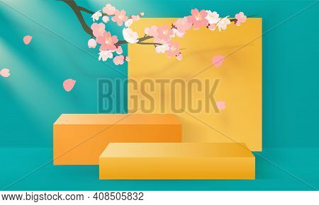 Abstract 3d Background. Rectangl Podium In Blue Background With Sakura Branch. Product Presentation,