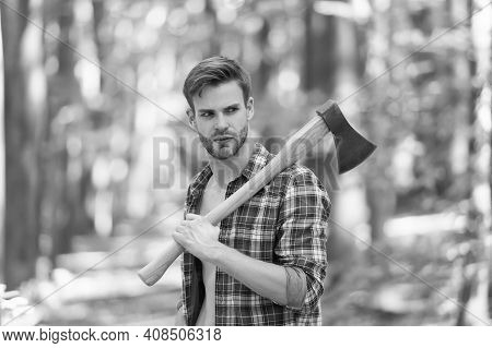 Ordinary Day. Lumber Worker In Wood. Spend Picnic Weekend In Forest. Man Ready For Splitting Wood An