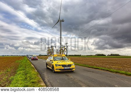 Le Gault-saint-denis, France - October 08, 2017: Row Of Technical Vehicles Driving On A Road In The 